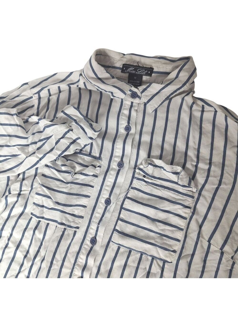 Miss Lili Blue White Stripe Button Up Shirt Viscose 1X
